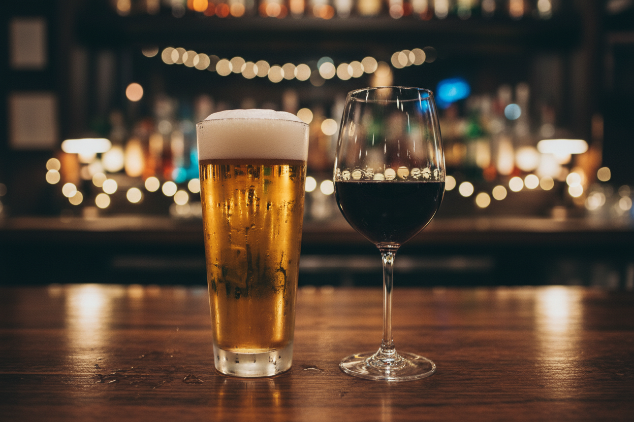 Three clear pint glasses with colorful beer-themed printed designs sit on a wooden table outdoors in bright sunlight, with blurred green foliage in the background.