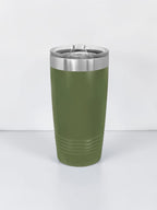 An olive green insulated travel tumbler with a stainless steel rim and a clear plastic lid, shown on a clean white background.