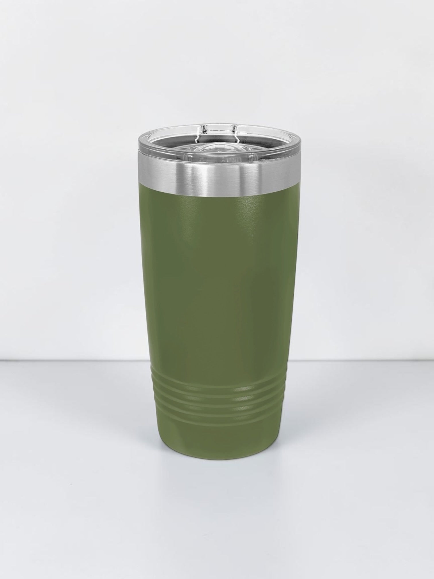 An olive green insulated travel tumbler with a stainless steel rim and a clear plastic lid, shown on a clean white background.