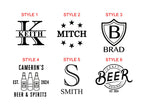 6 Beer glass artwork labelled Styles 1 - 6. The styles feature black typography and icon designs with customizable names like Keith, Mitch, Brad, Cameron's, and Smith, plus a beer-themed circular logo.