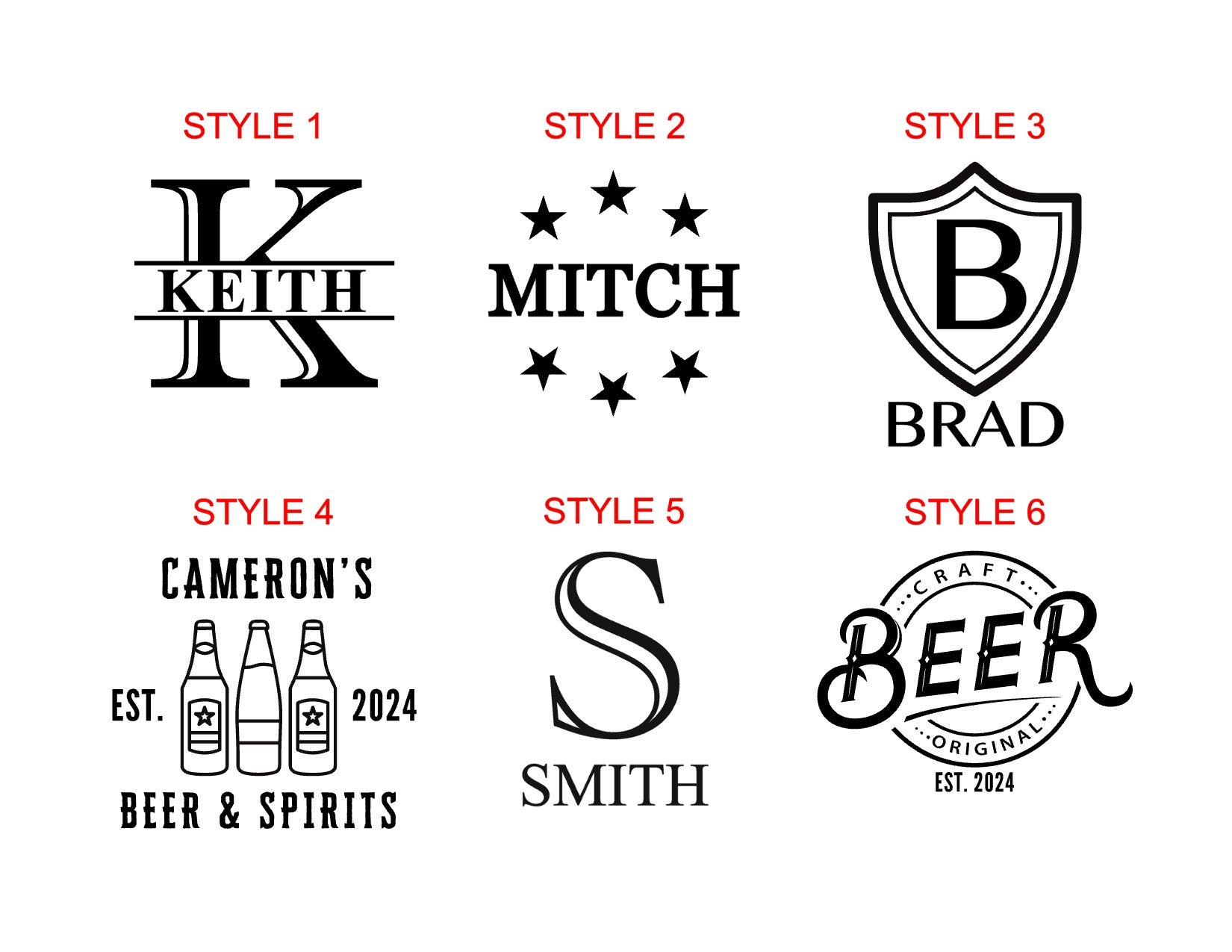 6 Beer glass artwork labelled Styles 1 - 6. The styles feature black typography and icon designs with customizable names like Keith, Mitch, Brad, Cameron's, and Smith, plus a beer-themed circular logo.