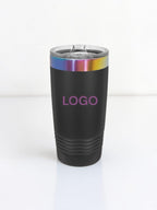 A matte black insulated travel tumbler with a clear lid, featuring a metallic iridescent band near the top and the word 'LOGO' printed in purple on the front, set against a clean white background.