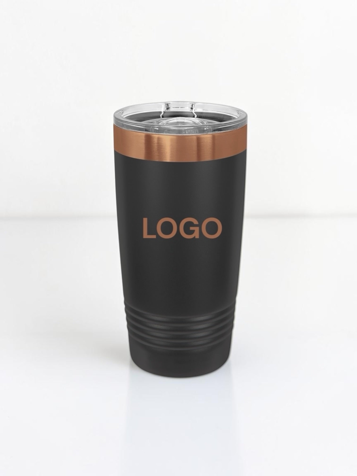 A matte black insulated travel tumbler with a clear lid, featuring a metallic rose gold band near the top and the word 'LOGO' printed in rose gold on the front, set against a clean white background.