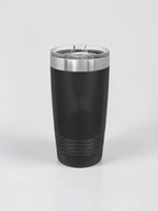 A matte black insulated travel tumbler with a stainless steel rim and a clear plastic lid, shown on a light gray background.
