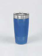 A blue insulated travel tumbler with a stainless steel rim and clear lid, shown on a light gray background.