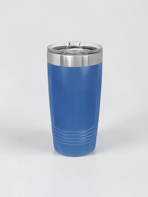 A blue insulated travel tumbler with a stainless steel rim and clear lid, shown on a light gray background.