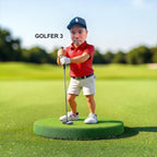 A golfer stands on a green circular base on a golf course. The golfer wears a navy cap with a white logo, a red polo shirt, white shorts, and white shoes, and is holding the golf club down. Style Golfer 3.