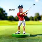 A golfer stands on a green circular base on a golf course. The golfer wears a navy cap with a white logo, a red polo shirt, white shorts, and white shoes, and is swinging the golf club. Style Golfer 4.