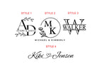 Four custom monogram logo design styles labeled Style 1 through Style 4 showing black script and monogram lettering examples including Avery & Davis, Michael & Kimberly, Walker, and Kiki Jensen.