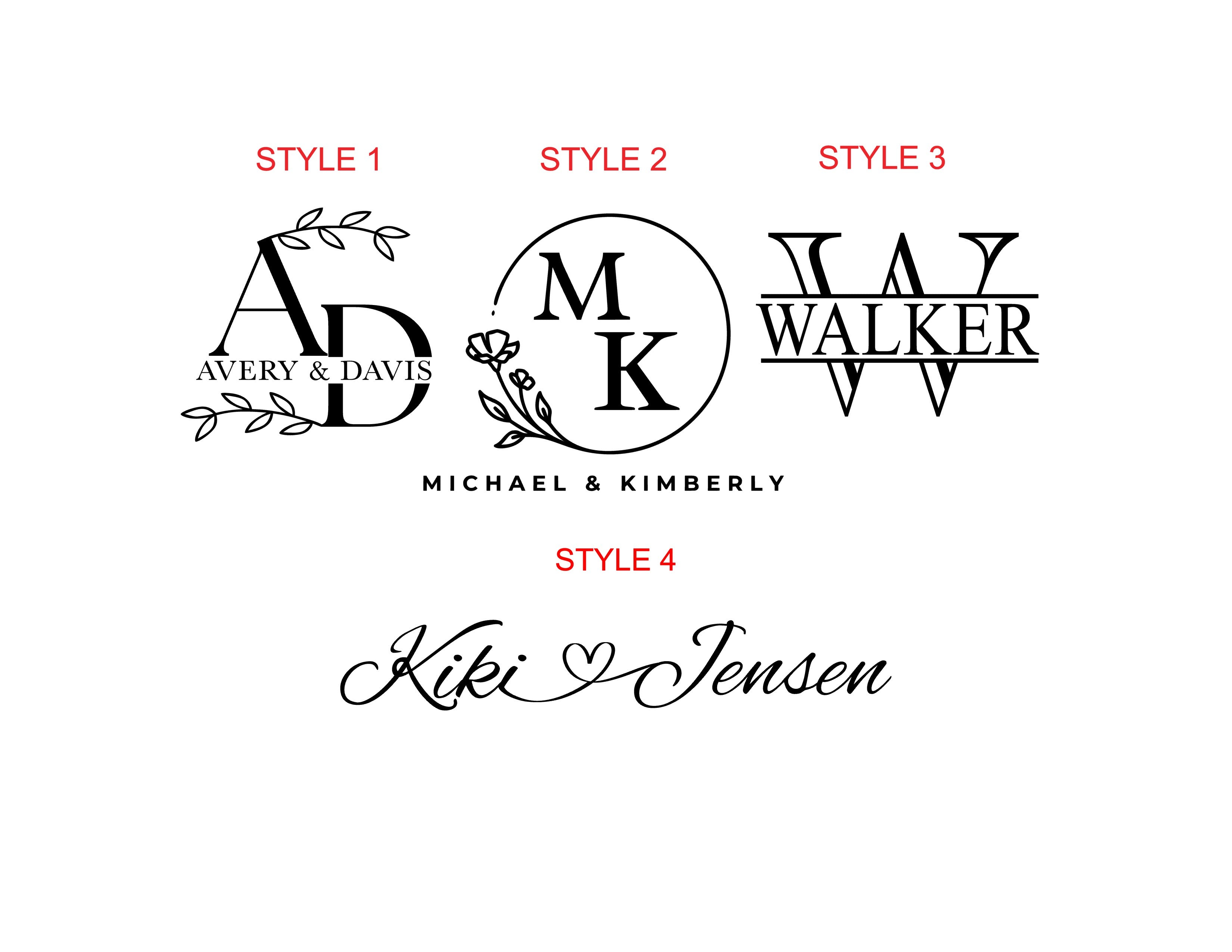Four custom monogram logo design styles labeled Style 1 through Style 4 showing black script and monogram lettering examples including Avery & Davis, Michael & Kimberly, Walker, and Kiki Jensen.