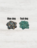 Two dog coaster sets on a light wood background, labeled 'Blue dog' and 'Teal dog'.