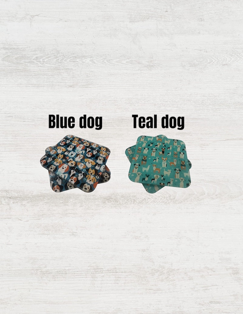 Two dog coaster sets on a light wood background, labeled 'Blue dog' and 'Teal dog'.