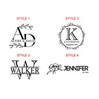 Four logo design examples arranged in a 2x2 grid on a white background, labeled STYLE 1 through STYLE 4 in red text above each design. The designs are black typography with floral or line-art elements, including sample names such as Avery & Davis, Katherine, and Jennifer.