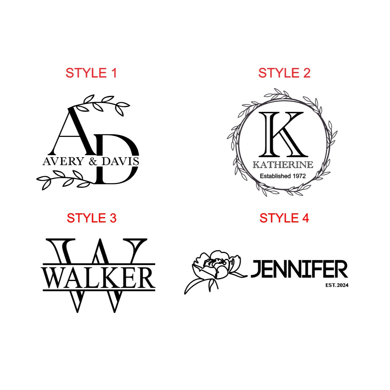 Four logo design examples arranged in a 2x2 grid on a white background, labeled STYLE 1 through STYLE 4 in red text above each design. The designs are black typography with floral or line-art elements, including sample names such as Avery & Davis, Katherine, and Jennifer.