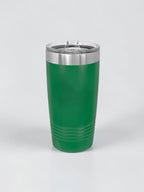 A green insulated travel tumbler with a stainless steel rim and clear lid, shown on a light gray background.
