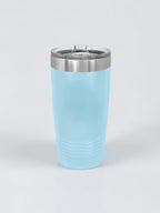 A light blue insulated travel tumbler with a stainless steel rim and clear lid, shown on a clean light gray background.