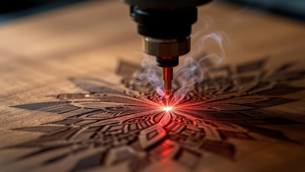 A close-up of a laser machine engraving a detailed geometric mandala design onto a square piece of natural wood, with a bright red light emanating from the laser tip and smoke visible in the air.