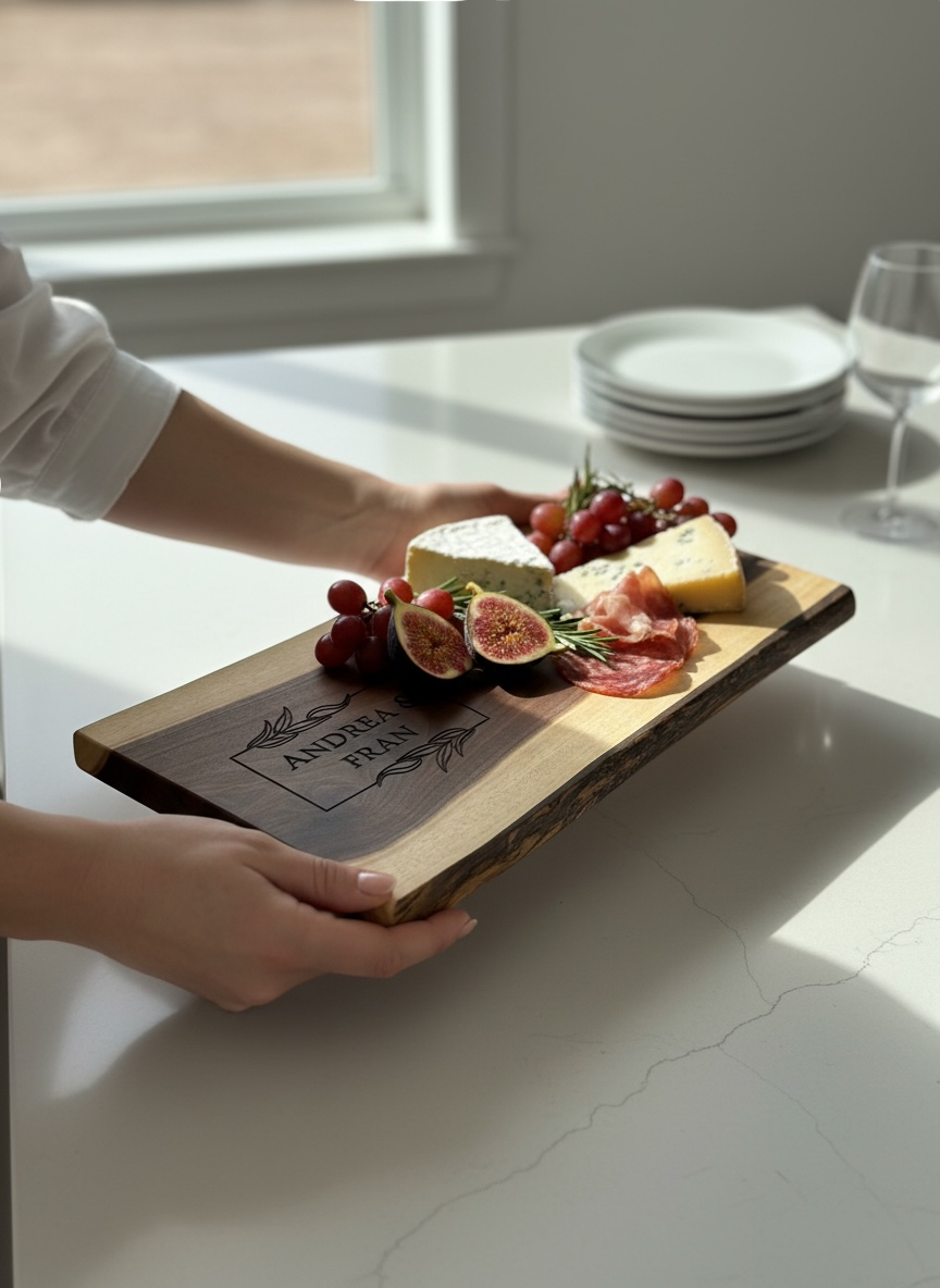 A rectangular wooden charcuterie board with a live edge and engraved text Andrea and Fran, held by hands over a white marble countertop. The board is styled with cheese, grapes, figs, and cured meat.