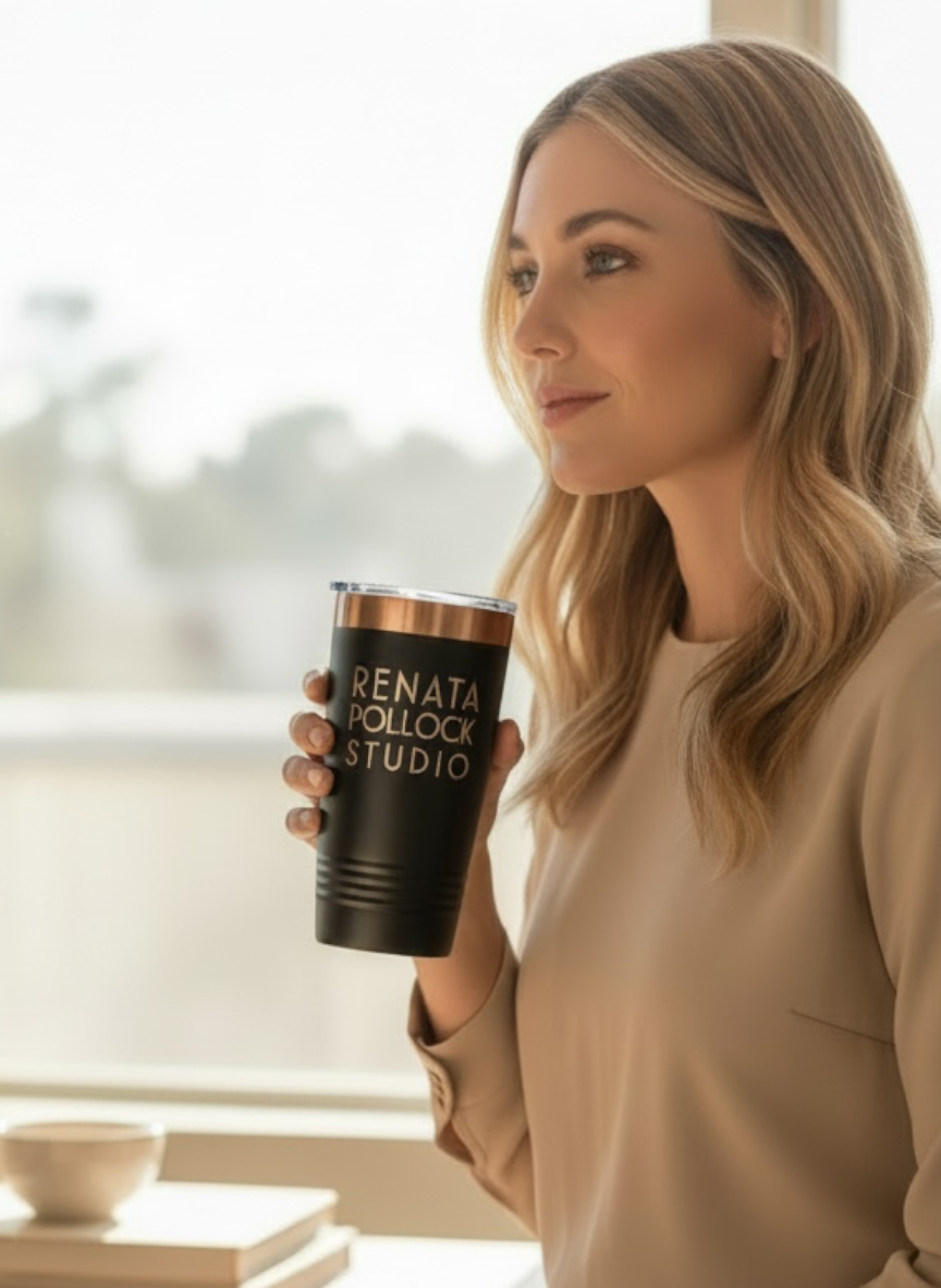 A woman in a beige top holds a black insulated tumbler with a metallic rose-gold rim. The tumbler is printed with the text 'RENATA POLLOCK STUDIO'.