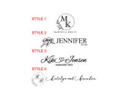 A white graphic showing four logo design style options labeled STYLE 1 through STYLE 4. The options include black serif, black outline with floral detail, black script with date text, and a circular monogram with script names.