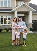 A family of four stands on a green lawn in front of a modern suburban house, holding a large 'SOLD GLOBAL REALTY' sign together. The mother wears a sleeveless beige dress, the father wears a light blue button-down shirt, and the two children wear white shirts and jeans.