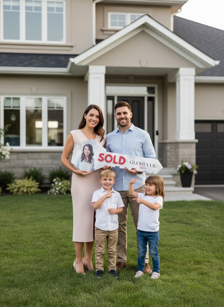 A family of four stands on a green lawn in front of a modern suburban house, holding a large 'SOLD GLOBAL REALTY' sign together. The mother wears a sleeveless beige dress, the father wears a light blue button-down shirt, and the two children wear white shirts and jeans.