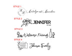 A white graphic showing four logo design options labeled STYLE 1 through STYLE 4. The designs are black line art and script text, including circle KB monogram beside katelyn and brandon, Flower with Jennifer Est. 2024 text, Welcome friends flanked with wine and cheese on left side and wine bottle and glass on the other, Home Sweet Home House logo beside Johnson Family text