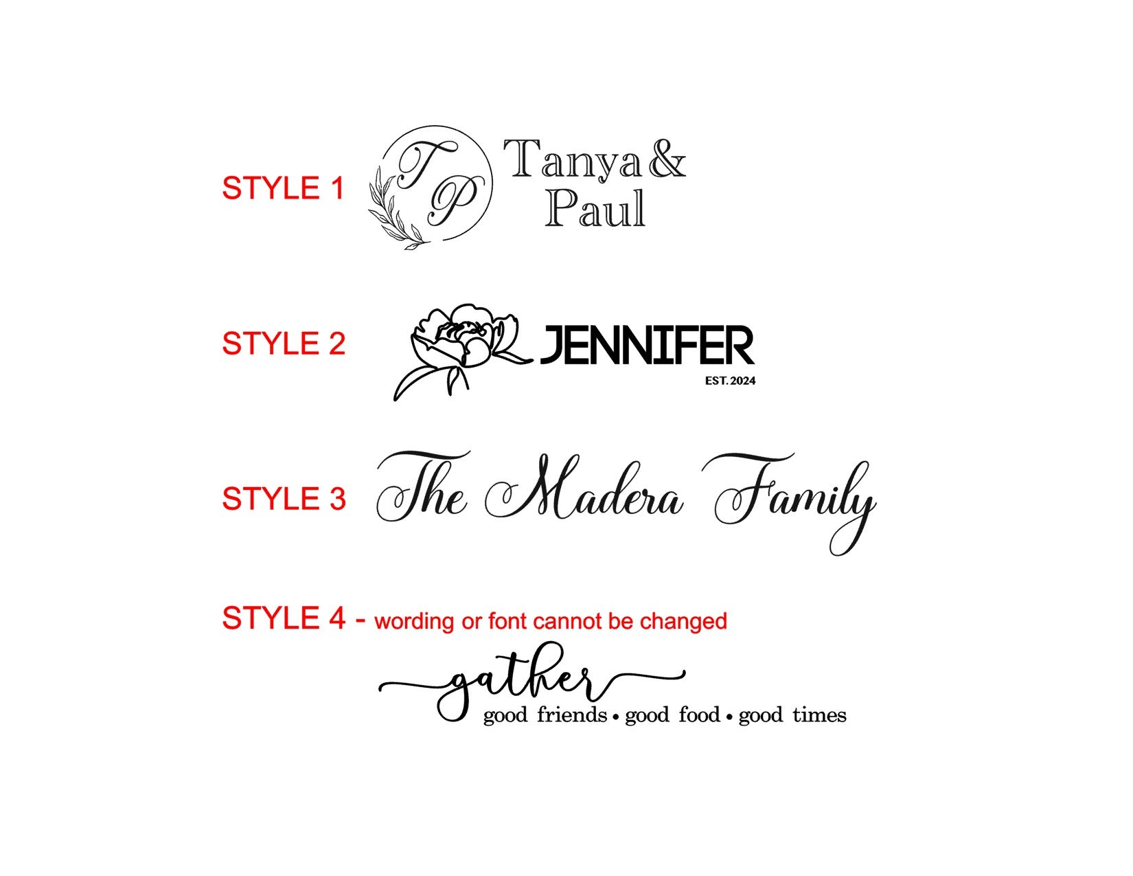 A white graphic showing four logo design options labeled STYLE 1 through STYLE 4 in red text. The options include monogram variations for Tanya & Paul, Jennifer Est.
