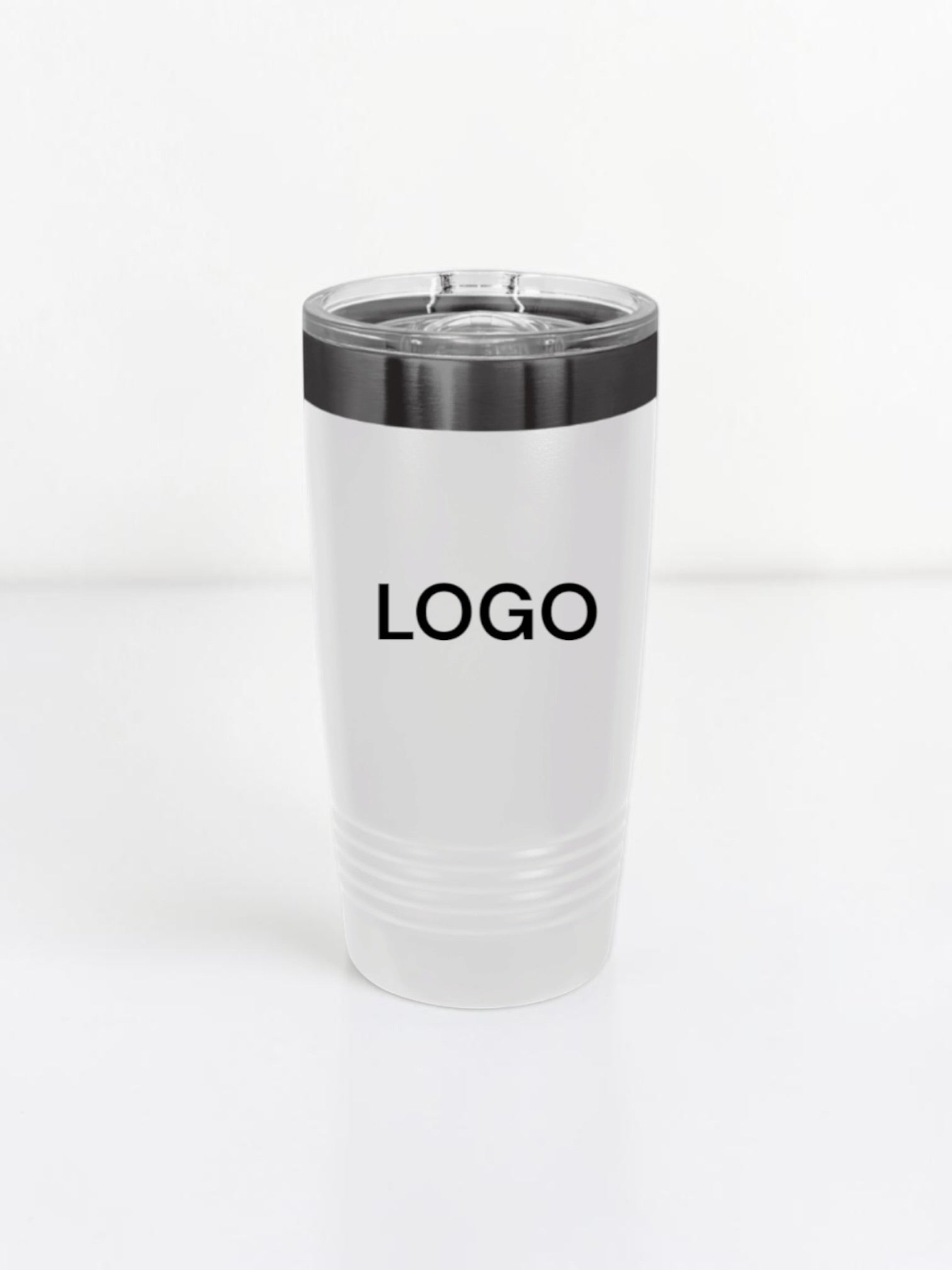 A frosted white insulated travel tumbler with a clear lid and a black metallic band, featuring the word 'LOGO' printed in black on the front, set against a clean white background.