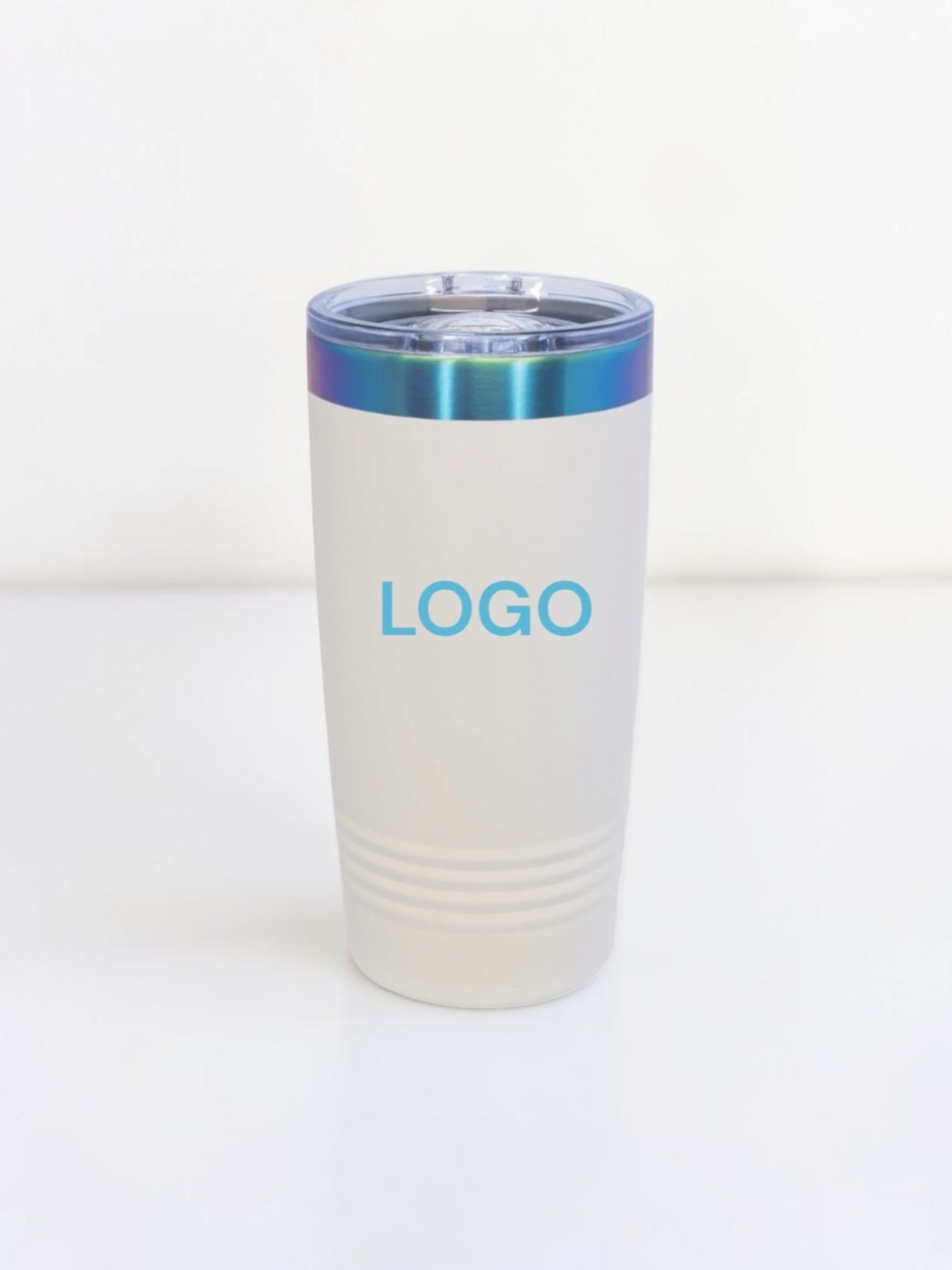 A matte white insulated tumbler with a clear lid, featuring a metallic blue band near the rim and the word 'LOGO' printed in light blue on the front, set against a plain white background.