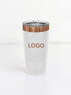 A white insulated travel tumbler with a clear lid and a metallic rose gold band around the upper portion. The word 'LOGO' is printed in rose gold on the front, indicating a customizable or placeholder product image.