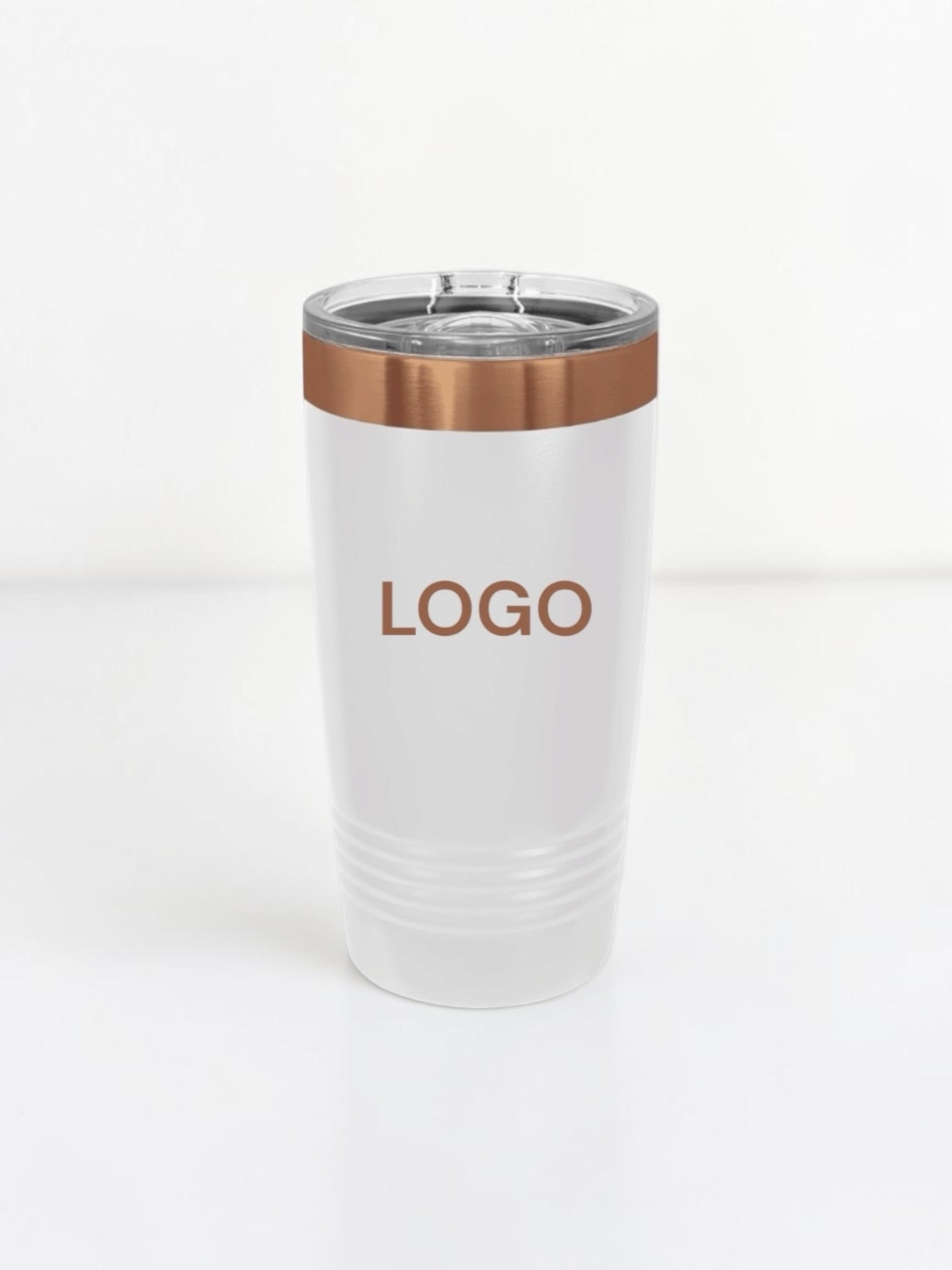 A white insulated travel tumbler with a clear lid and a metallic rose gold band around the upper portion. The word 'LOGO' is printed in rose gold on the front, indicating a customizable or placeholder product image.