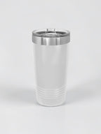 A tall, matte white insulated travel tumbler with a brushed silver stainless steel rim and a clear plastic lid, shown on a seamless light gray background.