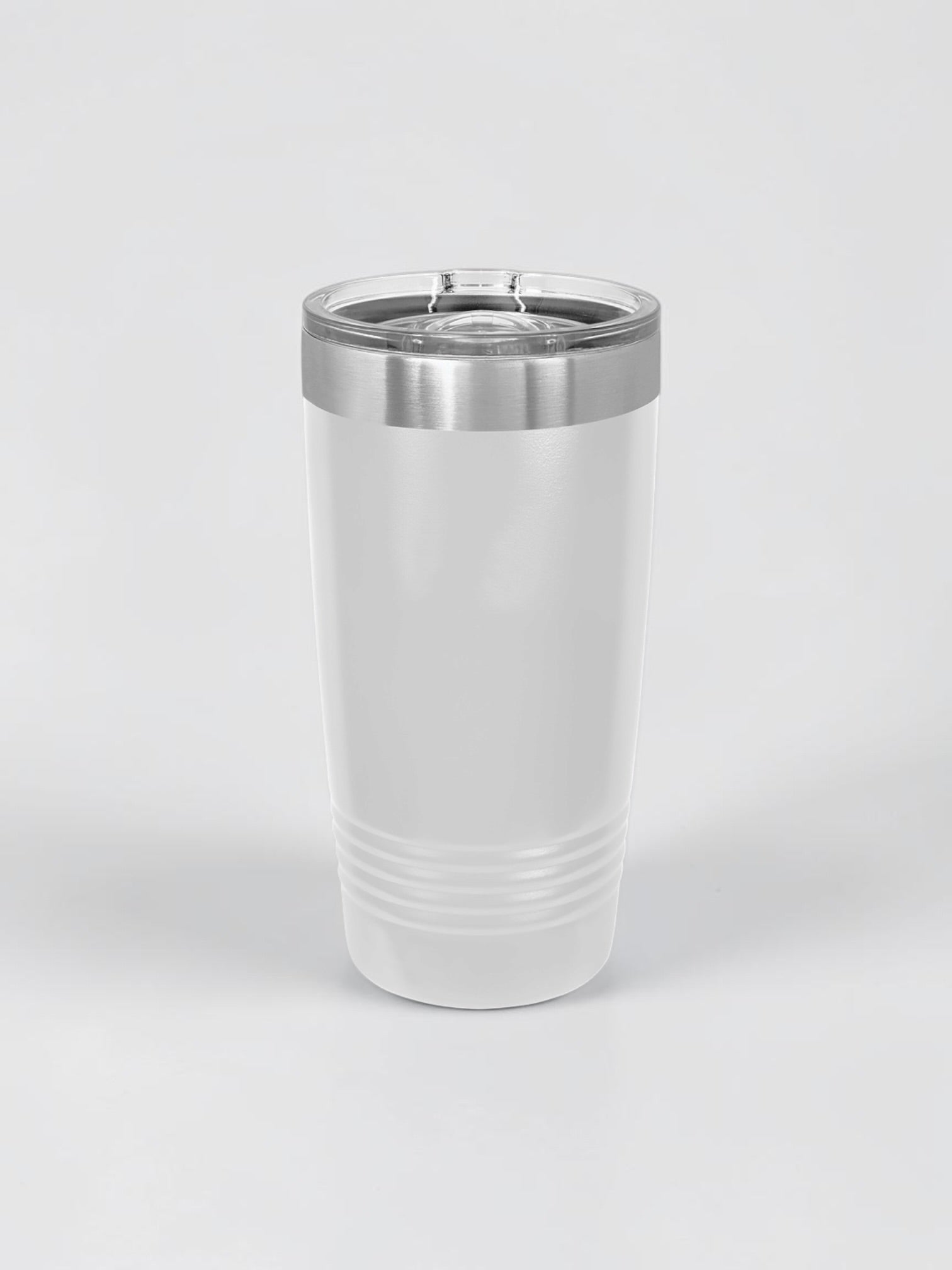 A tall, matte white insulated travel tumbler with a brushed silver stainless steel rim and a clear plastic lid, shown on a seamless light gray background.