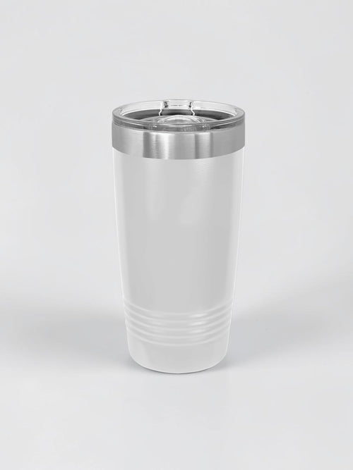 A tall, matte white insulated travel tumbler with a brushed silver stainless steel rim and a clear plastic lid, shown on a seamless light gray background.
